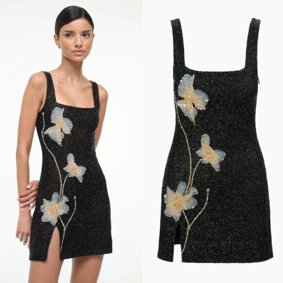 Staud Le Sable Beaded Mini Dress Botanical Shadows Size Medium - Picture 3 of 10